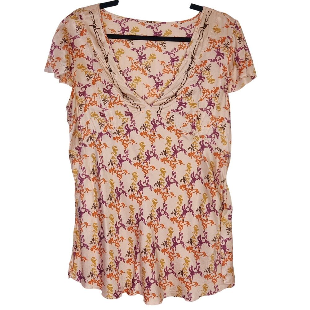 Vintage Y2K Silk Pink Floral Beaded Empire Waist Babydoll Fairy Blouse Top M/L